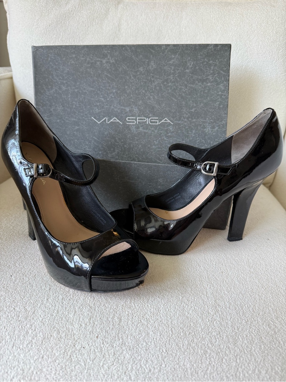 Via Spiga Black Patent Mary Jane Peep-Toe Platform Heels